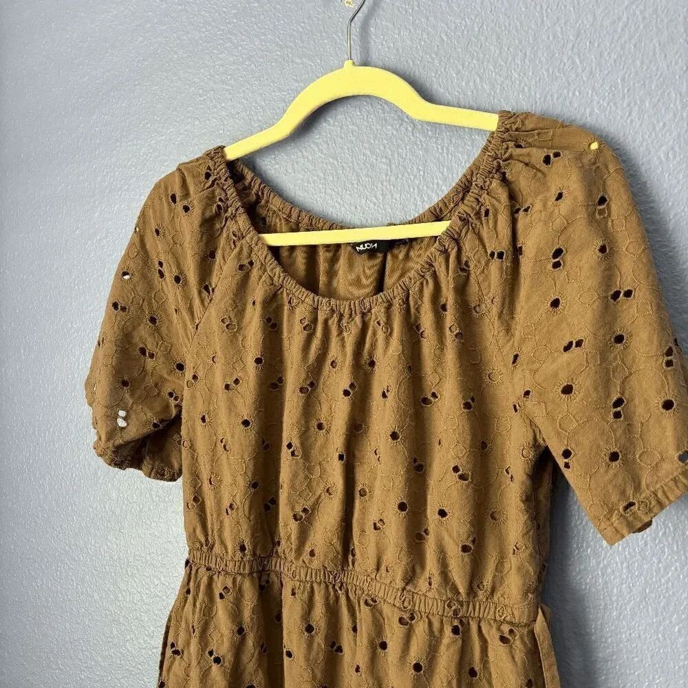 Nuon Women's Dress Brown Broderie Puff Sleeve Mini Short Sleeve Medium Tie Waist - Picture 7 of 7